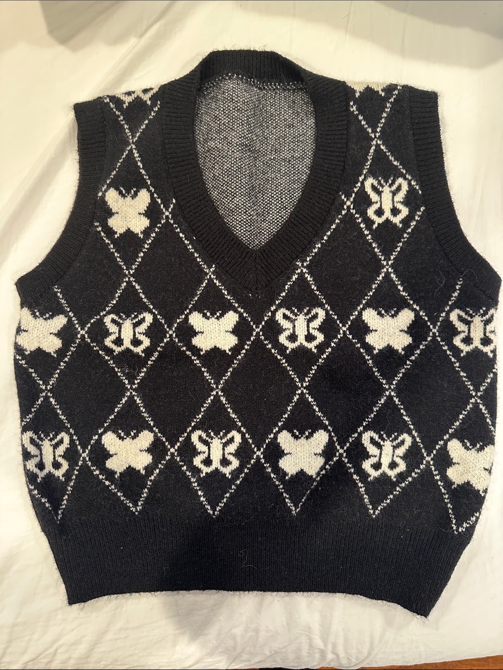 Black and White V-Neck Knit Butterfly Sweater Vest